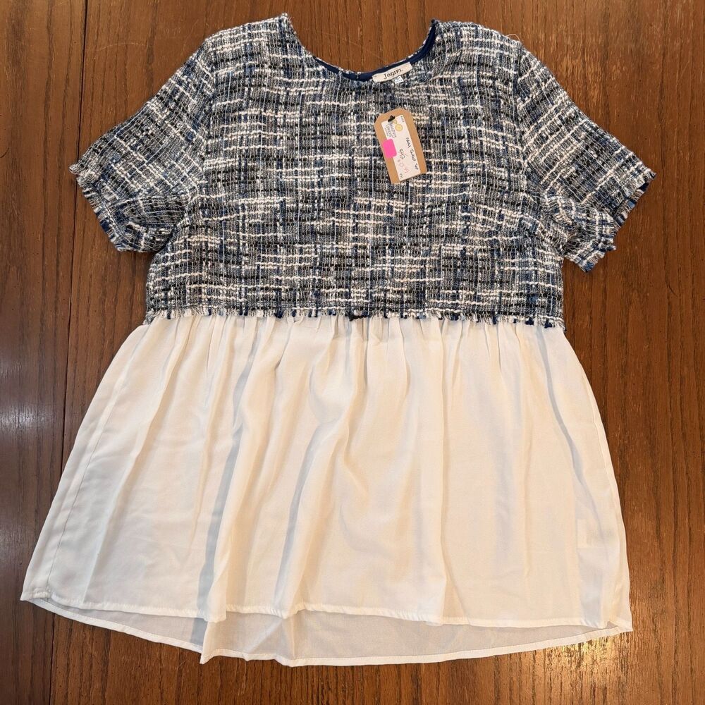 Jodifl M NWT Blue White Tweed Babydoll Blouse Short Sleeve Coastal Preppy